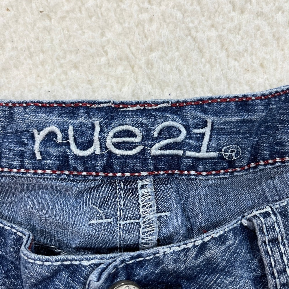 rue21 Crops Women 11/12 Blue Denim Capri Jeans Raw Hem Distressed Stretch Y2K - Picture 5 of 11
